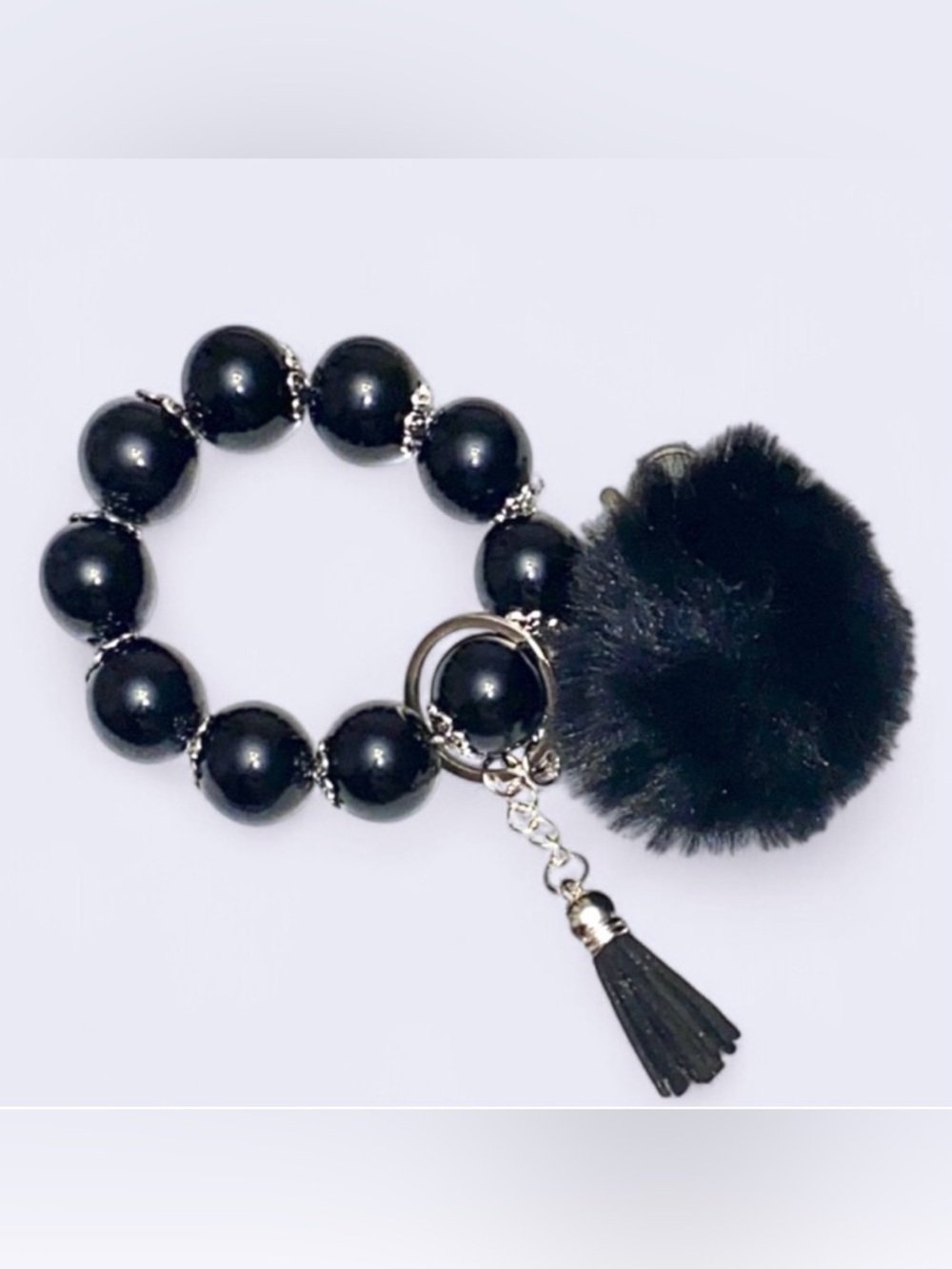 Beaded in Black Bracelet Keychain with Tassel